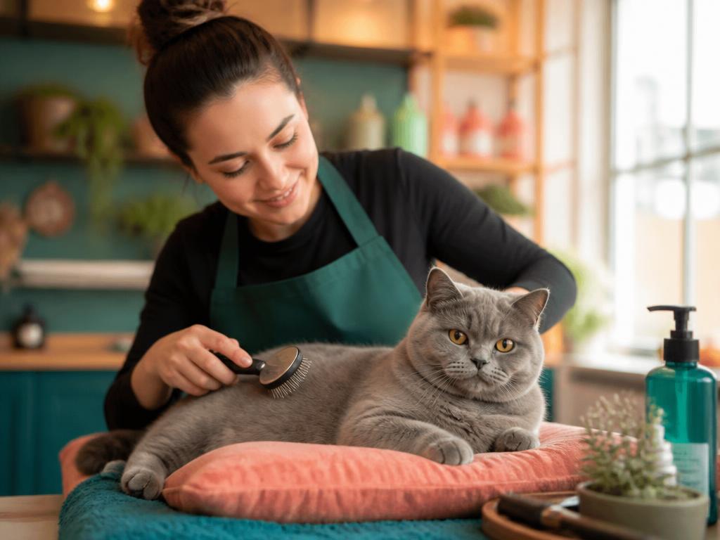 A relaxed grey cat being gently brushed