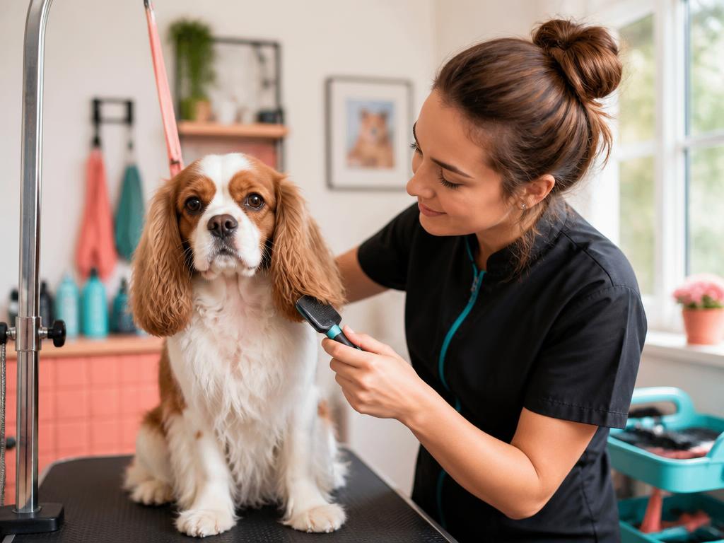 A spaniel receiving a gentle grooming session