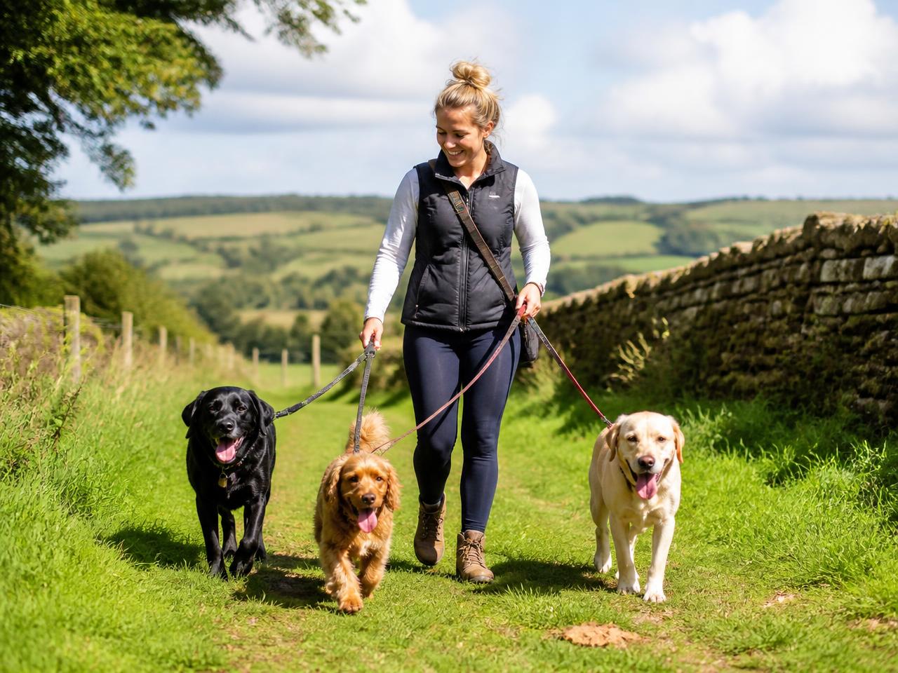 Rosie walking three dogs in the Yorkshire countryside